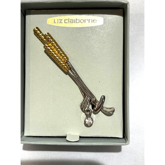 Vtg Liz Claiborne Golf Clubs Rhinestone Ball Brooch Pin Gold & Silver tone New - Picture 6 of 6